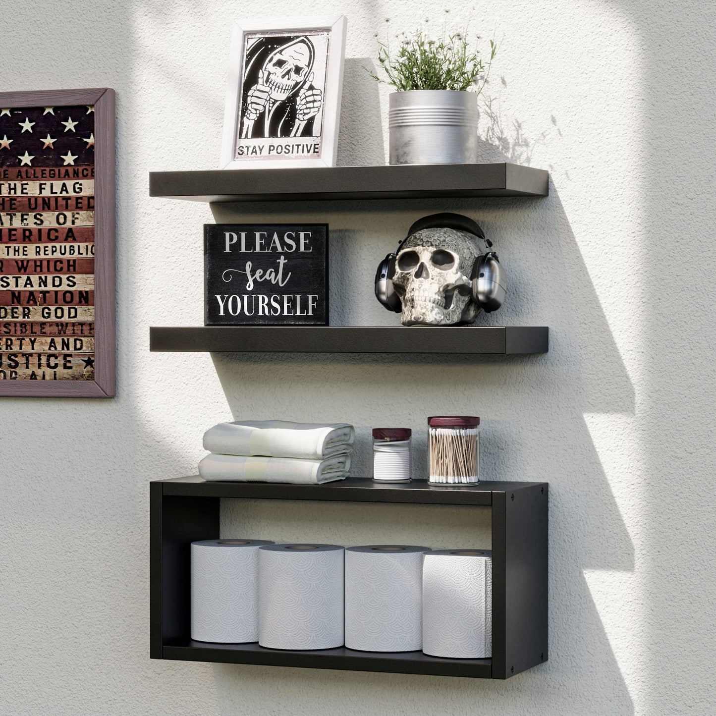 RICHER HOUSE Black Floating Shelves Set of 3, Rustic Wall Mounted Shelves with Invisible Brackets Over Toilet for Bathroom, Bedroom, Living Room, Kitchen