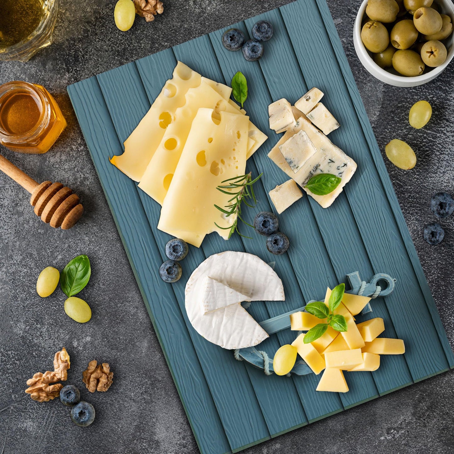 Lunarable Nautical Cutting Board, Anchor with Marine on Wood Background Sea Ocean Life Coast Cruise Theme, Decorative Tempered Glass Cutting and Serving Board, Large Size, Slate Blue