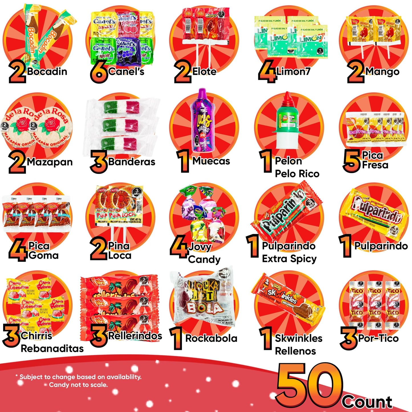 Mexican Candy Variety Pack (50 Count) Dulces Mexicanos, Mexican Snacks, with Vero Lollipops, Lucas Candy, Pulparindo Tamarindo, Mazapan, Spicy Dulce Mexico Assorted Mix, by Sabores de Mexico