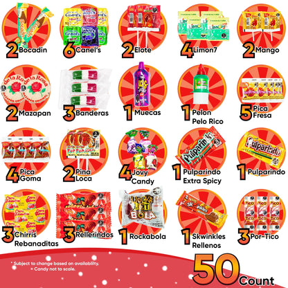 Mexican Candy Variety Pack (50 Count) Dulces Mexicanos, Mexican Snacks, with Vero Lollipops, Lucas Candy, Pulparindo Tamarindo, Mazapan, Spicy Dulce Mexico Assorted Mix, by Sabores de Mexico