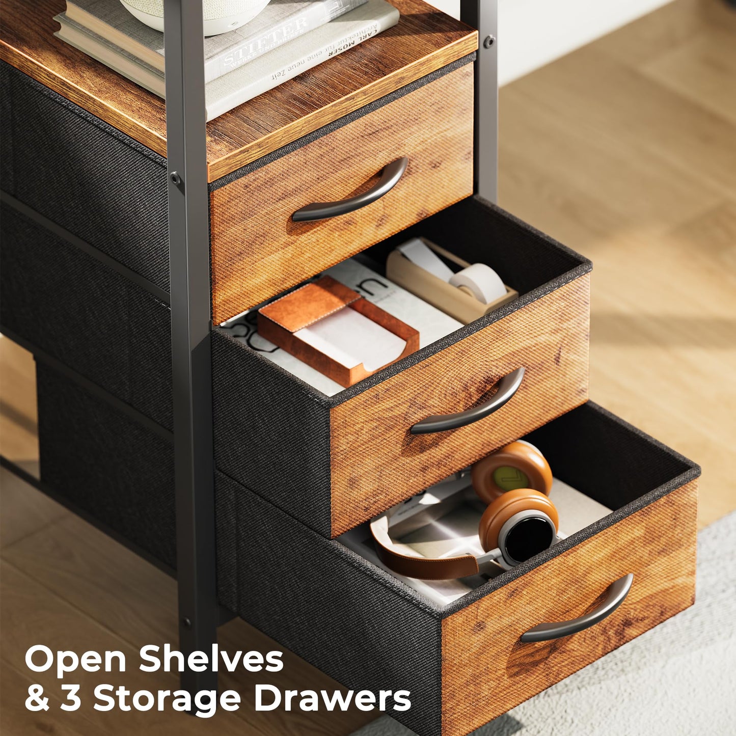 Huuger L Shaped Office Desk with Power Outlets, 47 Inch Computer Desk with 3 Drawers, Shelves, for Gaming, Corner Work, Home Office, Study, Rustic Brown