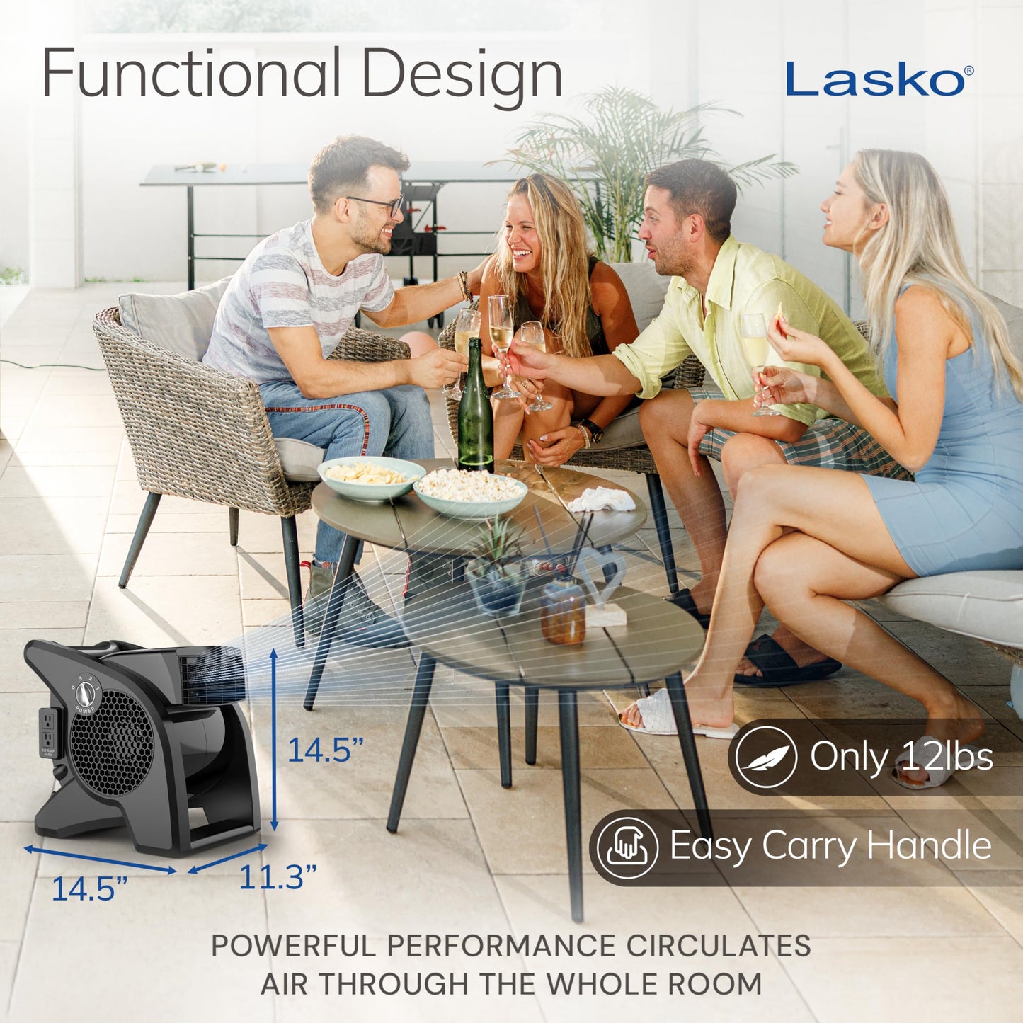 Lasko High Velocity Fan, 15" Professional Utility Fan, 375 CFM, Pivoting Blower with 3 Speeds, 2 Accessory Outlets, 120V, Black, Model U15617