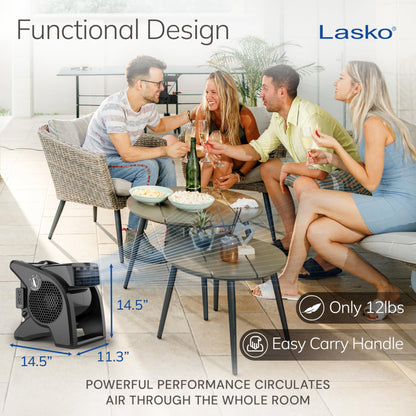 Lasko High Velocity Fan, 15" Professional Utility Fan, 375 CFM, Pivoting Blower with 3 Speeds, 2 Accessory Outlets, 120V, Black, Model U15617