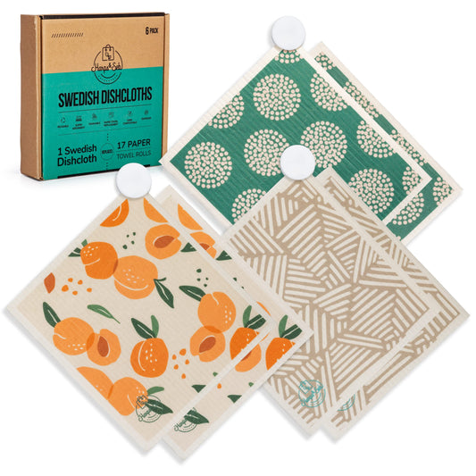 Harps&Seb Swedish Dishcloths for Kitchen Dishcloths - 6 Pack, Reusable Paper Towels with Clips, Super Absorbent Washable Non-Scratch Swedish Dish Towels, No Odor, Biodegradable