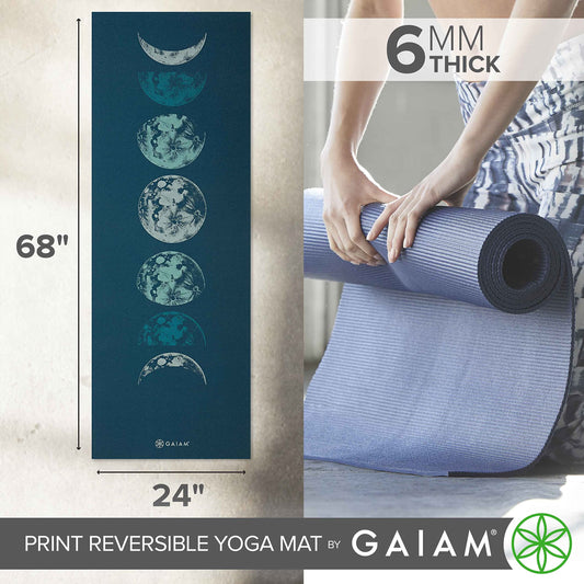 Gaiam Yoga Mat Premium Print Reversible Extra Thick Non Slip Exercise & Fitness Mat for All Types of Yoga, Pilates & Floor Workouts, Lunar Wave, 6mm
