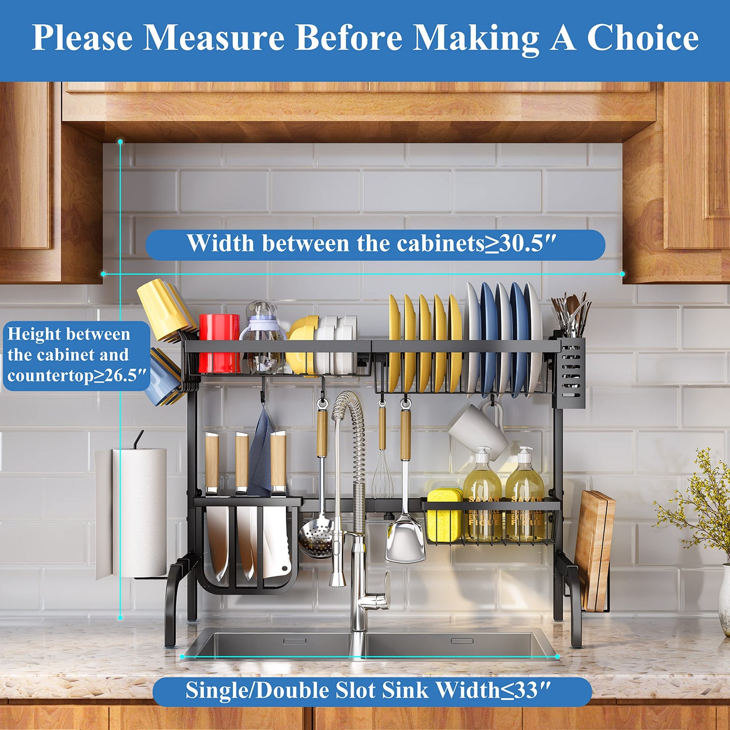 Over The Sink Dish Drying Rack, Adjustable (25.5 to 33.5 inch) 2 Tier Metal Steel Dish Drying Racks for Kitchen Counter with Hooks Paper Towel Utensil Cup Holder Sink Caddy (Black)