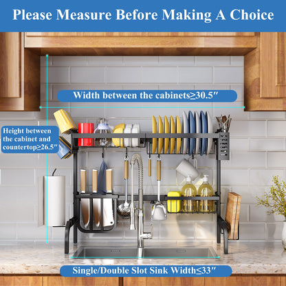 Over The Sink Dish Drying Rack, Adjustable (25.5 to 33.5 inch) 2 Tier Metal Steel Dish Drying Racks for Kitchen Counter with Hooks Paper Towel Utensil Cup Holder Sink Caddy (Black)