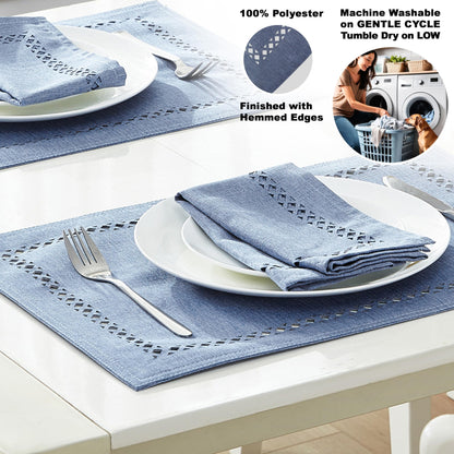 Newbridge Rectangle Fabric Placemats, Set of 4 Placemats, Provence Lattice Cutwork Solid Color Textured, Water and Stain Resistant Easy Care, Wedgewood Blue