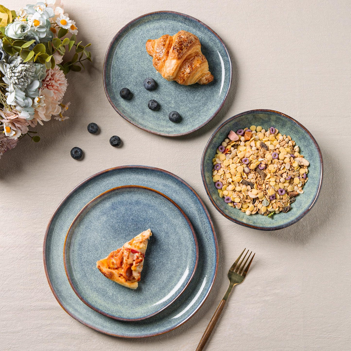 AmorArc Ceramic Dinnerware Sets,Handmade Reactive Glaze Stoneware Plates and Bowls Sets,Highly Chip and Crack Resistant | Dishwasher & Microwave Safe Dishes Set,Service for 4 (12pc)