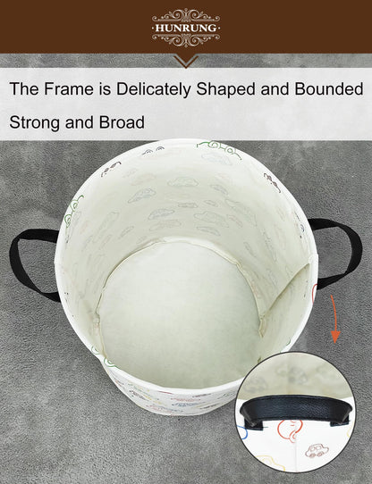 HUNRUNG Laundry Hamper,Large Canvas Fabric Lightweight Storage Basket Toy Organizer Dirty Clothes Collapsible Waterproof for College Dorms（Round-Car）