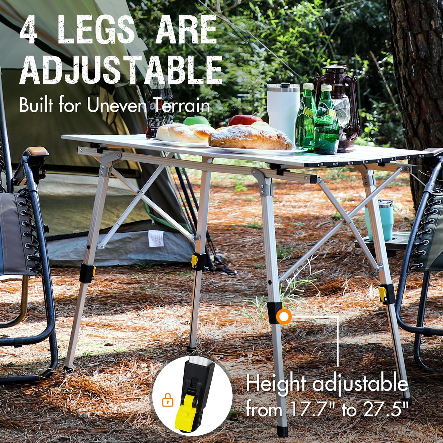 PORTAL Outdoor Folding Portable Picnic Camping Table with Adjustable Height Aluminum Roll Up Table Top Mesh Layer, Silver