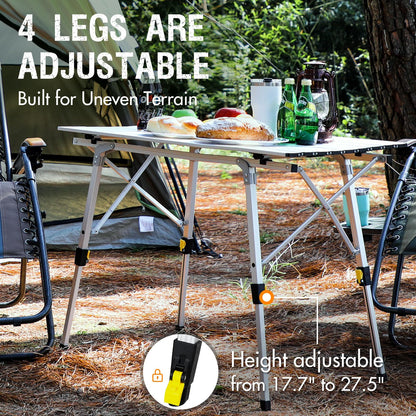 PORTAL Outdoor Folding Portable Picnic Camping Table with Adjustable Height Aluminum Roll Up Table Top Mesh Layer, Silver