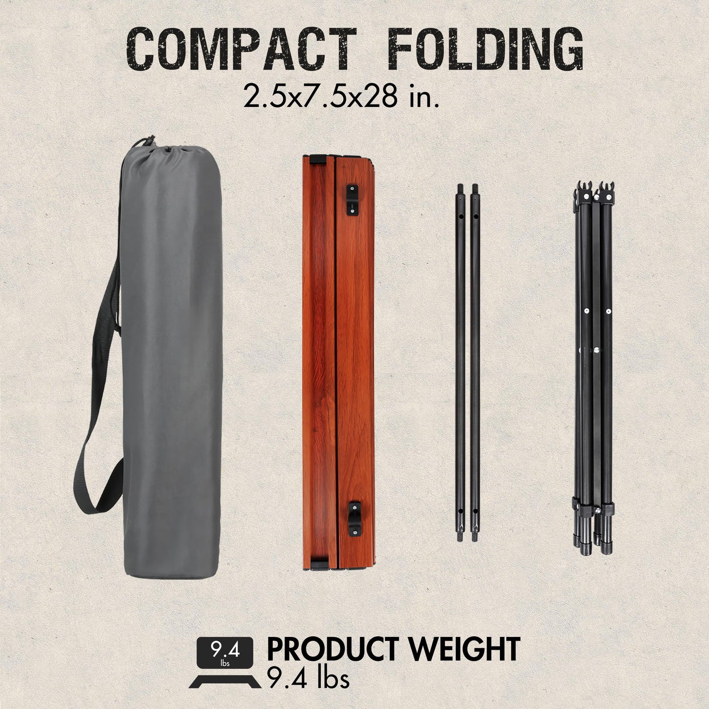 PORTAL Lightweight Aluminum Folding Square Table Roll Up Top 4 People Compact Table with Carry Bag for Camping, Picnic, Backyards, BBQ, Brown