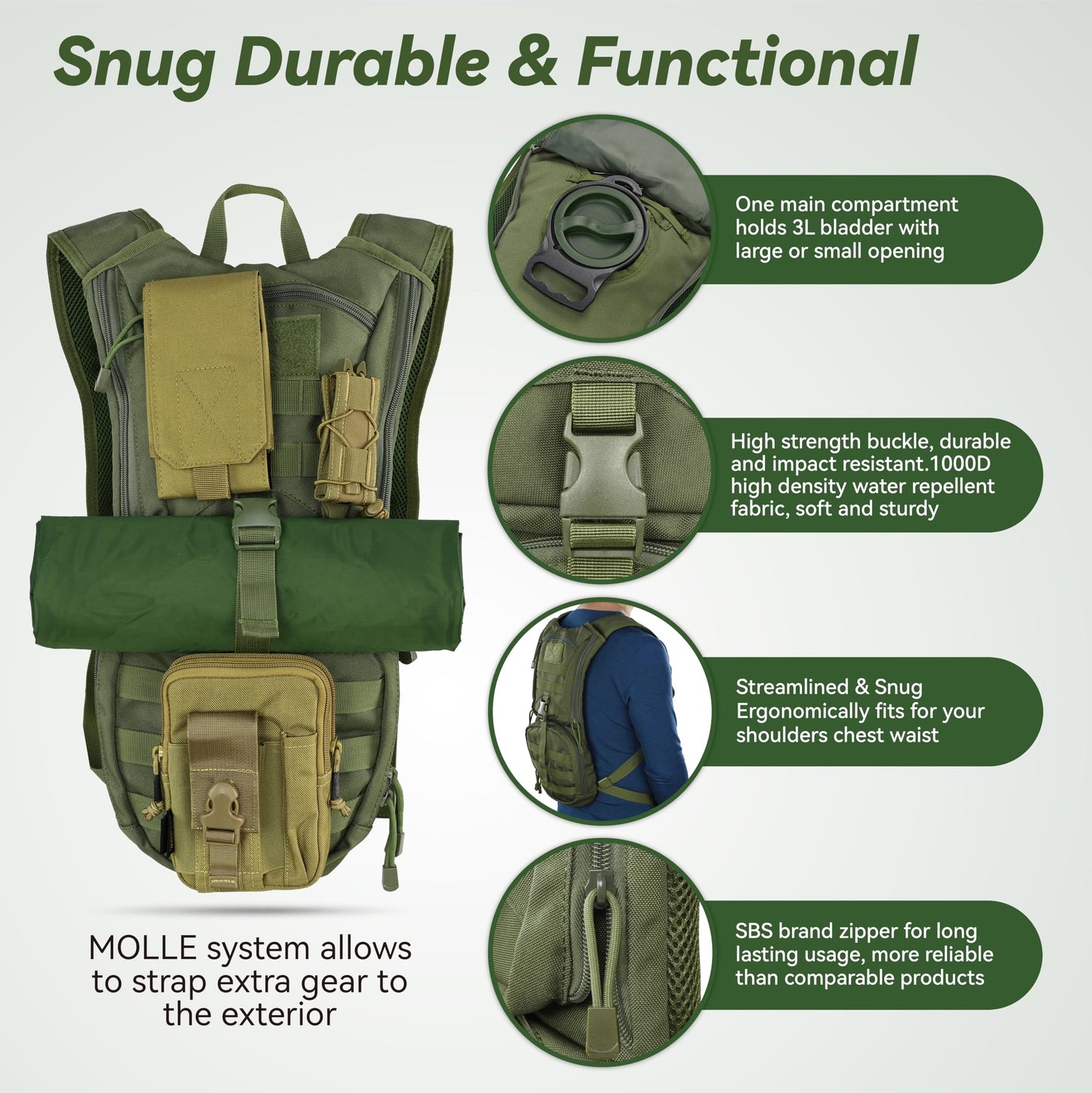 MARCHWAY Tactical Molle Hydration Pack Backpack with 3L TPU Water Bladder, Military Daypack for Cycling, Hiking, Running, Climbing, Hunting, Biking (Green)