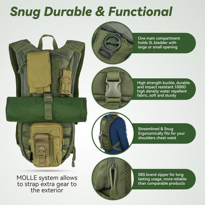 MARCHWAY Tactical Molle Hydration Pack Backpack with 3L TPU Water Bladder, Military Daypack for Cycling, Hiking, Running, Climbing, Hunting, Biking (Green)