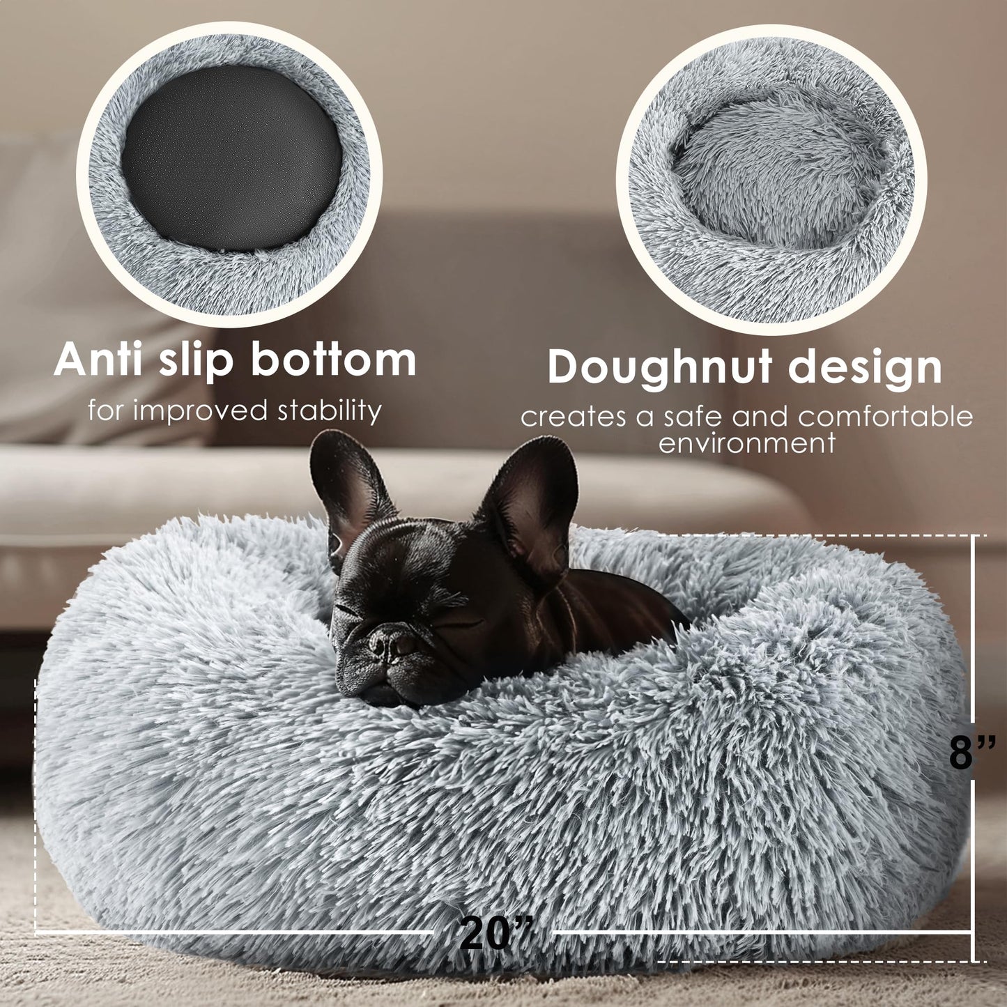 Hoewina Dog & Cat Bed for Indoor Cats, 20in Calming Donut Bed for Puppy and Kitten, Washable Round Fluffy Pet Bed for Small Medium Dogs and Cats (Light Grey)