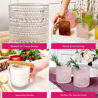 Kate Aspen Beaded Drinking Glasses Set of 6, 10 oz Retro Vintage Glassware - Boho Cocktail Water Juice Glasses, Hostess or Housewarming Gift