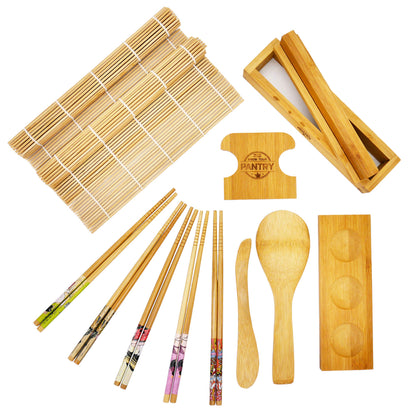 GROW YOUR PANTRY Sushi Making Kit With 2 Bamboo Sushi Rolling Mat, Rice Shaping Tool, Maki Maker, Maki Shaper, Condiment Tray, Chopsticks, and Rice Paddle - Sushi Making Kit for Beginners
