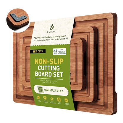 3 Packs Bamboo Cutting Board Set with Non Slip Feet and Over Sink Nice Solid Thick Wood Juice Groove Chopping Board Extra Large Big Small Best Hardwood Kitchen Counter Organic Vegetable