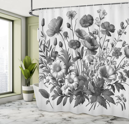 Ambesonne Grey Shower Curtain, Farmhouse Botany Scene with Muted Tones Drawn Wildfloral and Grayscale Leaves, Cloth Fabric Bathroom Decor Set with Hooks, 69" W x 70" L, Dark Eggshell Pearl