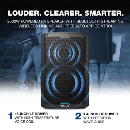 ALTO TS415 2500W 15" Powered PA Speaker with 3 Channel Mixer, Bluetooth Streaming, Wireless Loudspeaker Linking, DSP and ALTO App