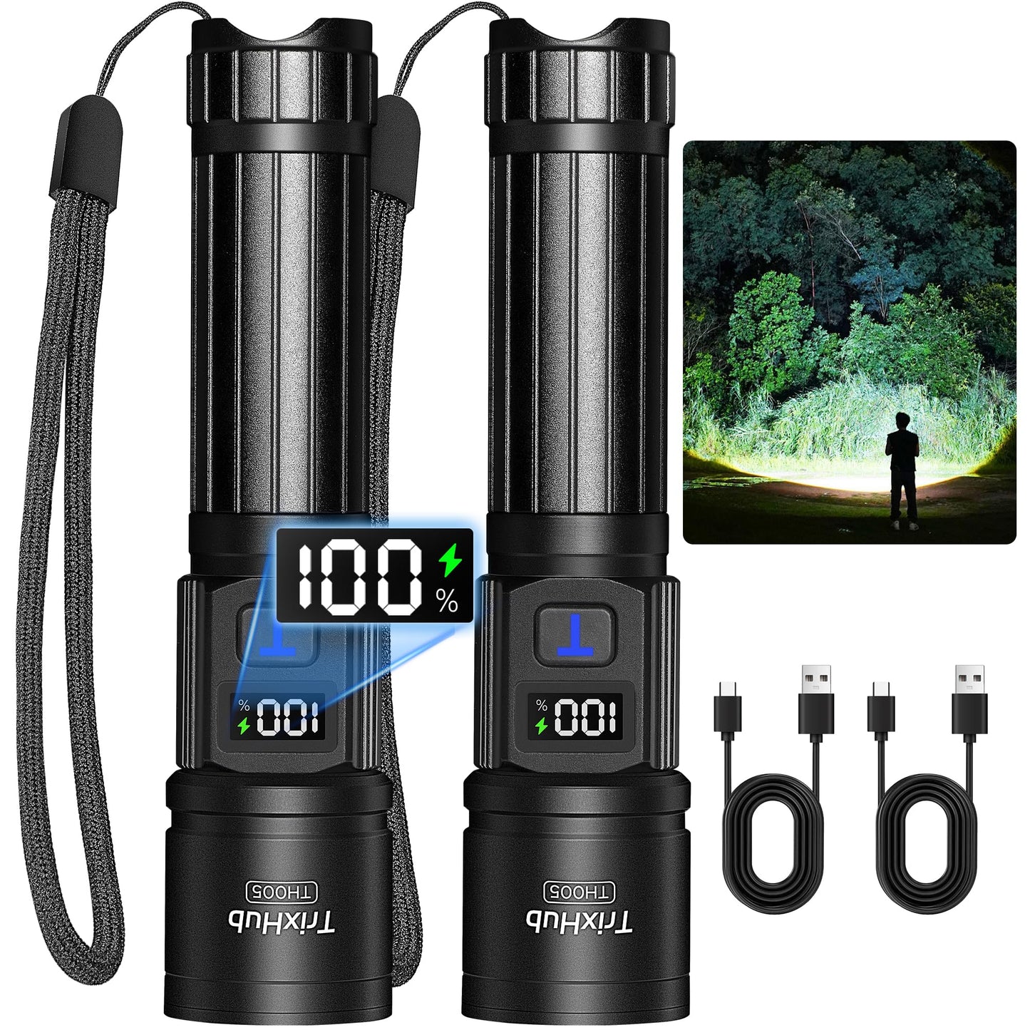 Rechargeable Flashlights 2 Pack, Super Bright High Lumens Flash Light, 5 Modes Zoomable Linternas with LCD Digital Display, Powerful Handheld LED Flashlights for Emergencies Camping