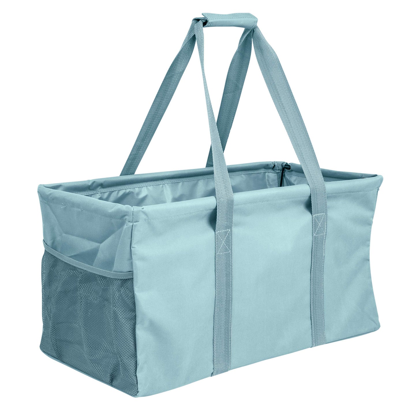 Lucazzi Extra Large Utility Tote Bag - Oversized Collapsible Reusable Wire Frame Rectangular Canvas Basket With Two Exterior Pockets For Beach, Pool, Laundry, Car Trunk, Storage - Light Blue