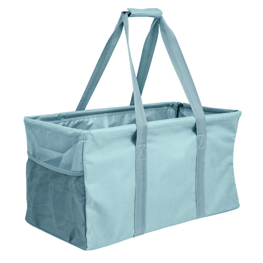 Lucazzi Extra Large Utility Tote Bag - Oversized Collapsible Reusable Wire Frame Rectangular Canvas Basket With Two Exterior Pockets For Beach, Pool, Laundry, Car Trunk, Storage - Light Blue
