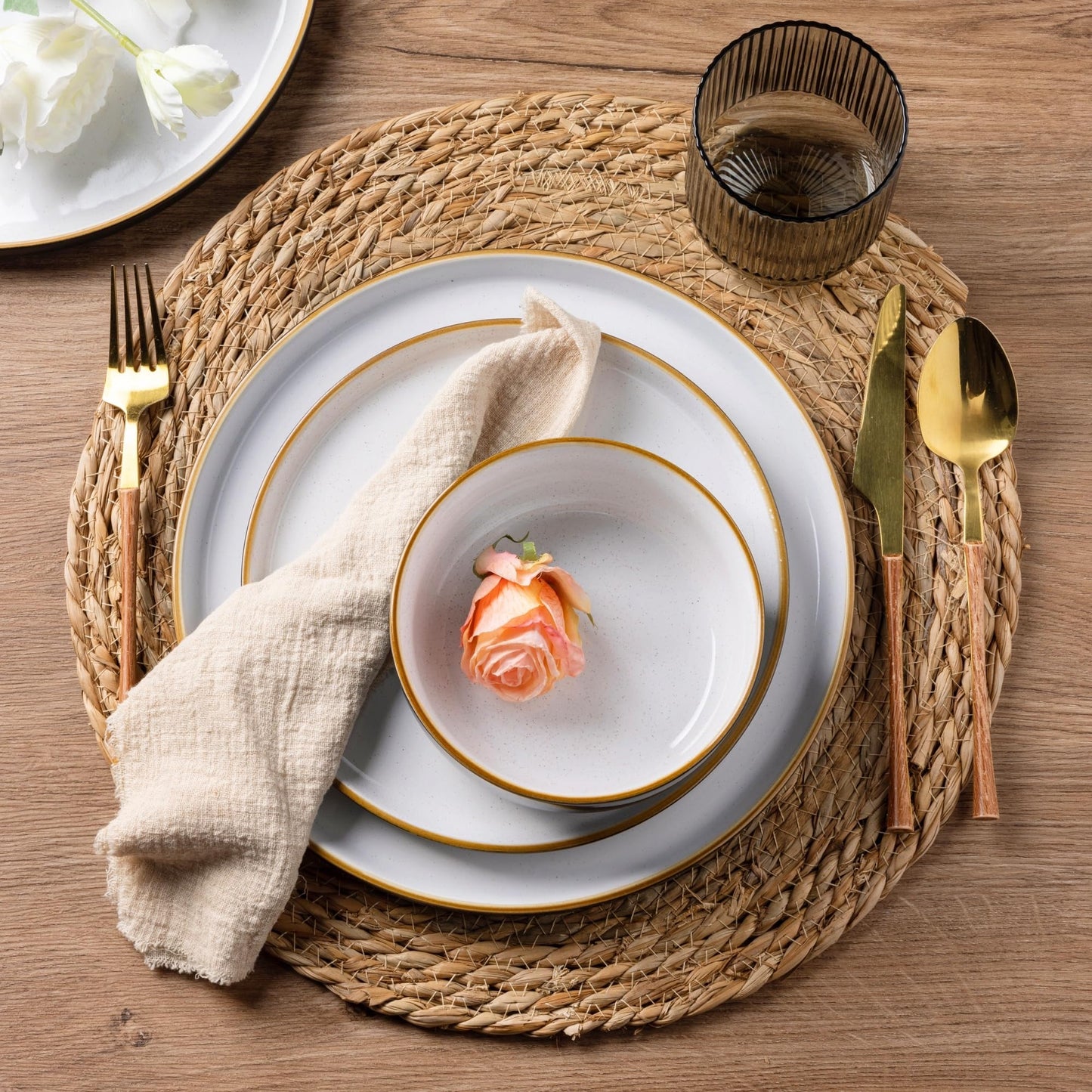 AmorArc Dinnerware Set - 12 Piece Ceramic Plates and Bowls, Stoneware Plates Handpainted, Dishwasher & Microwave Safe (Speckled Black & White, Service for 4)