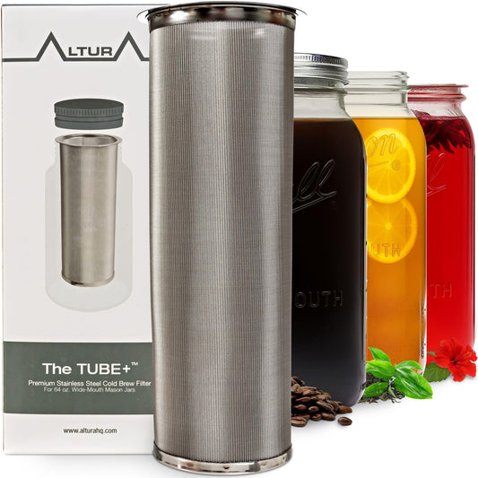 Altura The TUBE+ Cold Brew Coffee Maker and Tea Infuser for Wide Mouth Mason Jars - Stainless Steel Cold Brew Filter Strainer for Iced Coffee, Fruit Water & More - (64oz/2qt)