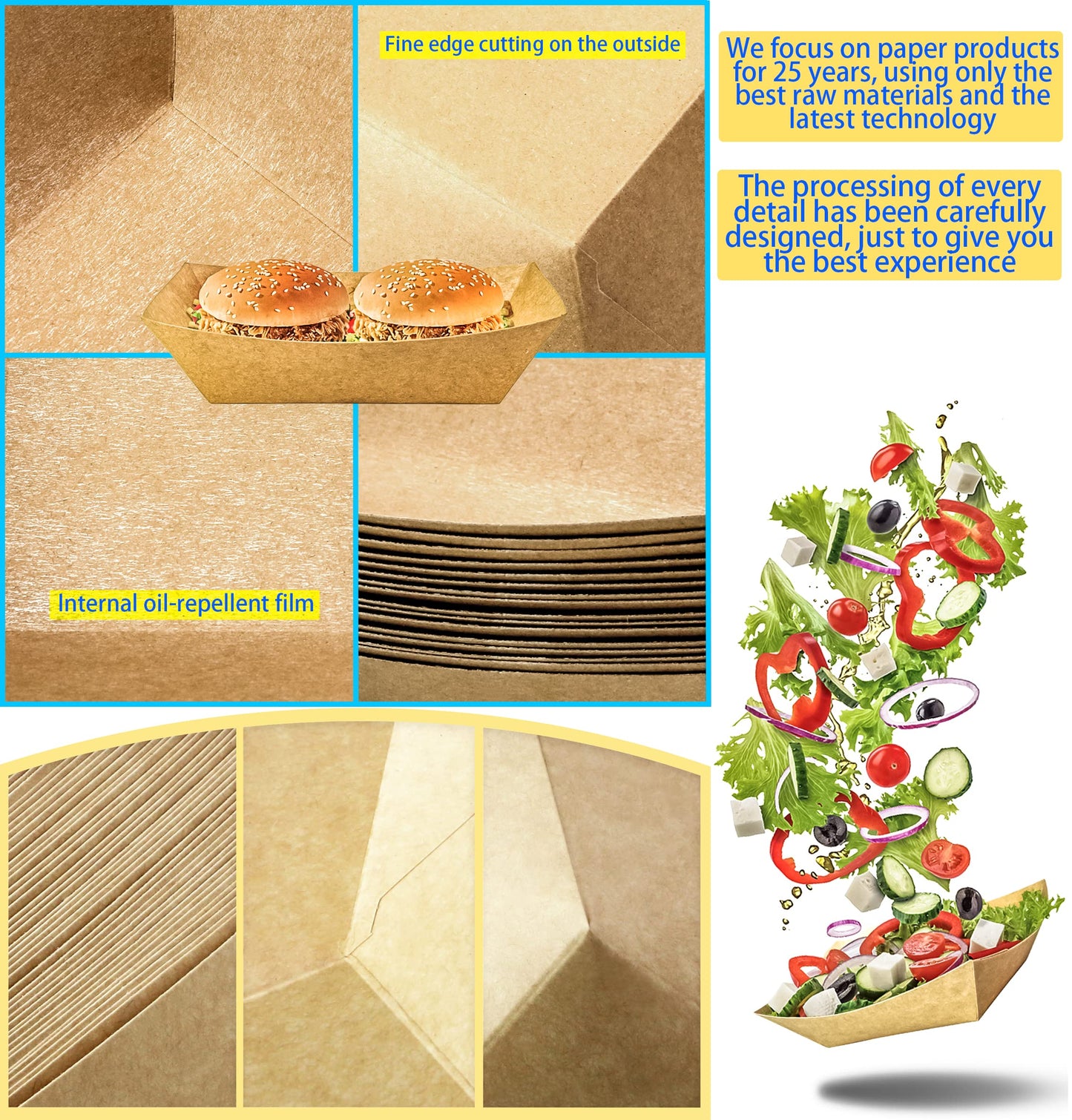 MotBach 100 Pack 2lb Kraft Paper Food Trays, Heavy-Duty Paper Food Boat Disposable Serving Basket Tray for French Fries Nachos Snack Hot Dog Taco BBQ Popcorn Party Picnic Wedding Party (Brown)