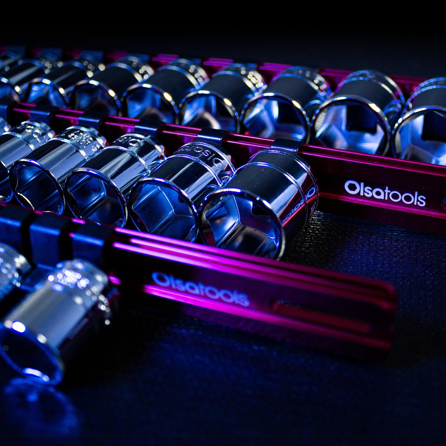 Olsa Tools Socket Organizer - 3/8-Inch Drive Red Holder - Stores 18 Chrome or Impact Sockets - Durable Rail Storage for Mechanics - Professional Grade Metric or SAE Socket Organizer - Part 1011