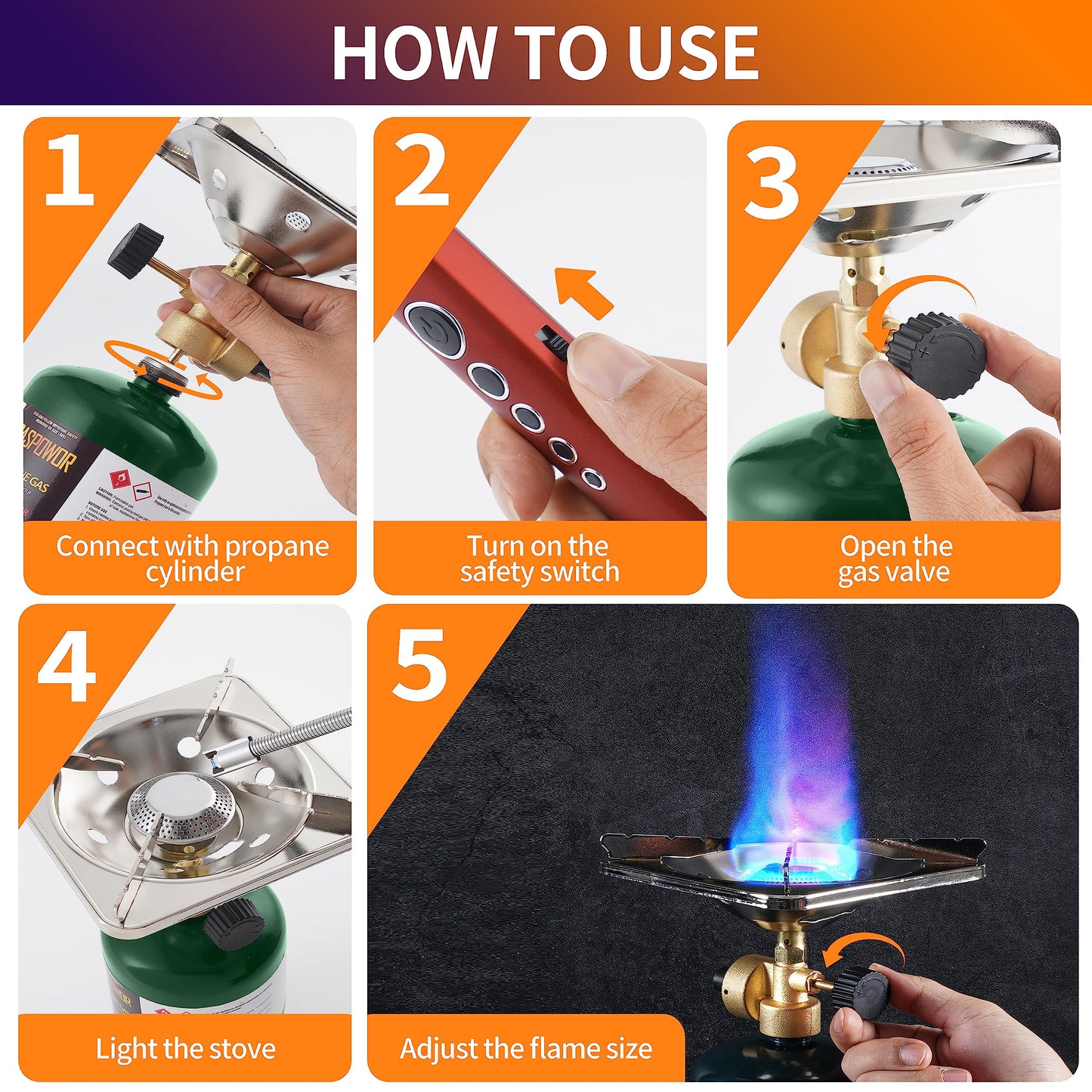 Propane Cylinder Top Stove with Adjustable Burner, Portable Camping/Backpacking Cooker 10000BTU,Camping Stove Propane,Single Burner Propane Stove,Camp Gas Stove with a USB Ligther (Fuel not included)