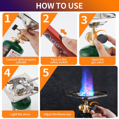 Propane Cylinder Top Stove with Adjustable Burner, Portable Camping/Backpacking Cooker 10000BTU,Camping Stove Propane,Single Burner Propane Stove,Camp Gas Stove with a USB Ligther (Fuel not included)