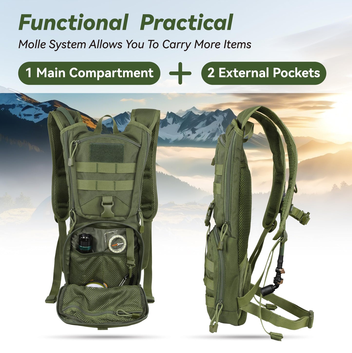 MARCHWAY Tactical Molle Hydration Pack Backpack with 3L TPU Water Bladder, Military Daypack for Cycling, Hiking, Running, Climbing, Hunting, Biking (Green)