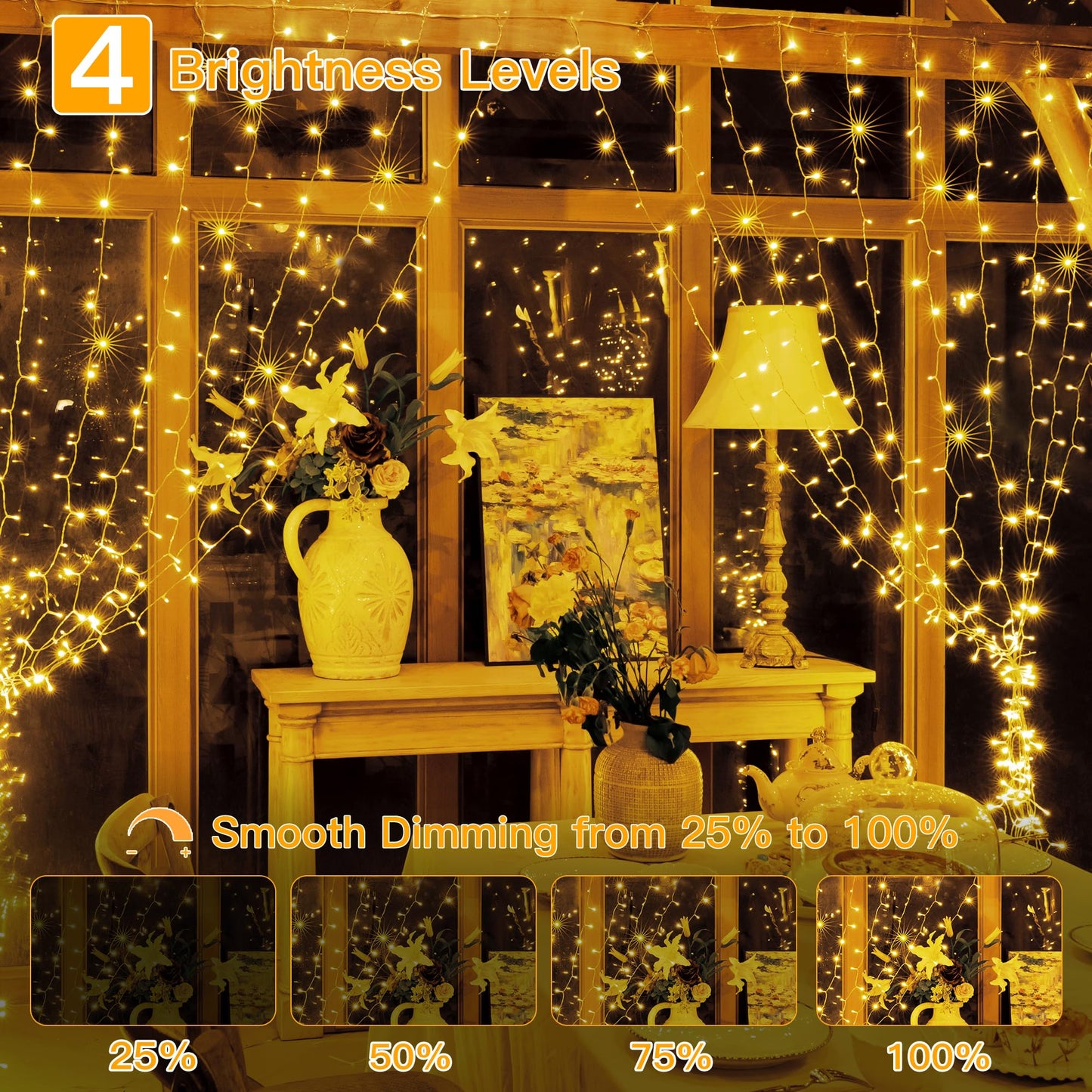 Ollny Curtain Lights 6.6x6.6ft, 200 LED String Lights with Remote 8 Modes Dimmable Timer, USB Power Fairy Light for Bedroom Backdrop Indoor Wall Window Wedding Decor, Warm White