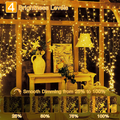 Ollny Curtain Lights 6.6x6.6ft, 200 LED String Lights with Remote 8 Modes Dimmable Timer, USB Power Fairy Light for Bedroom Backdrop Indoor Wall Window Wedding Decor, Warm White