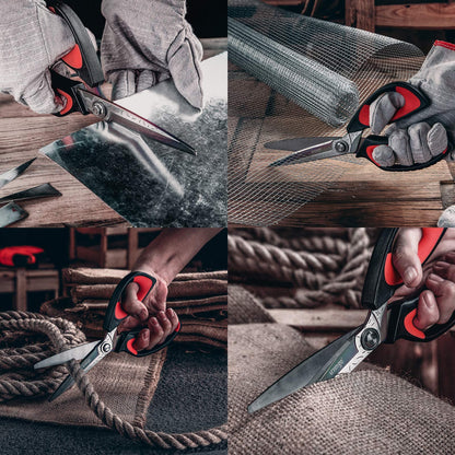 LIVINGO 10" Multipurpose Heavy Duty Scissors, Premium Titanium Coating Forged Stainless Steel Tool Industrial Shop Shears for Household, Pruning, Gardening, Fabric, Red/Black