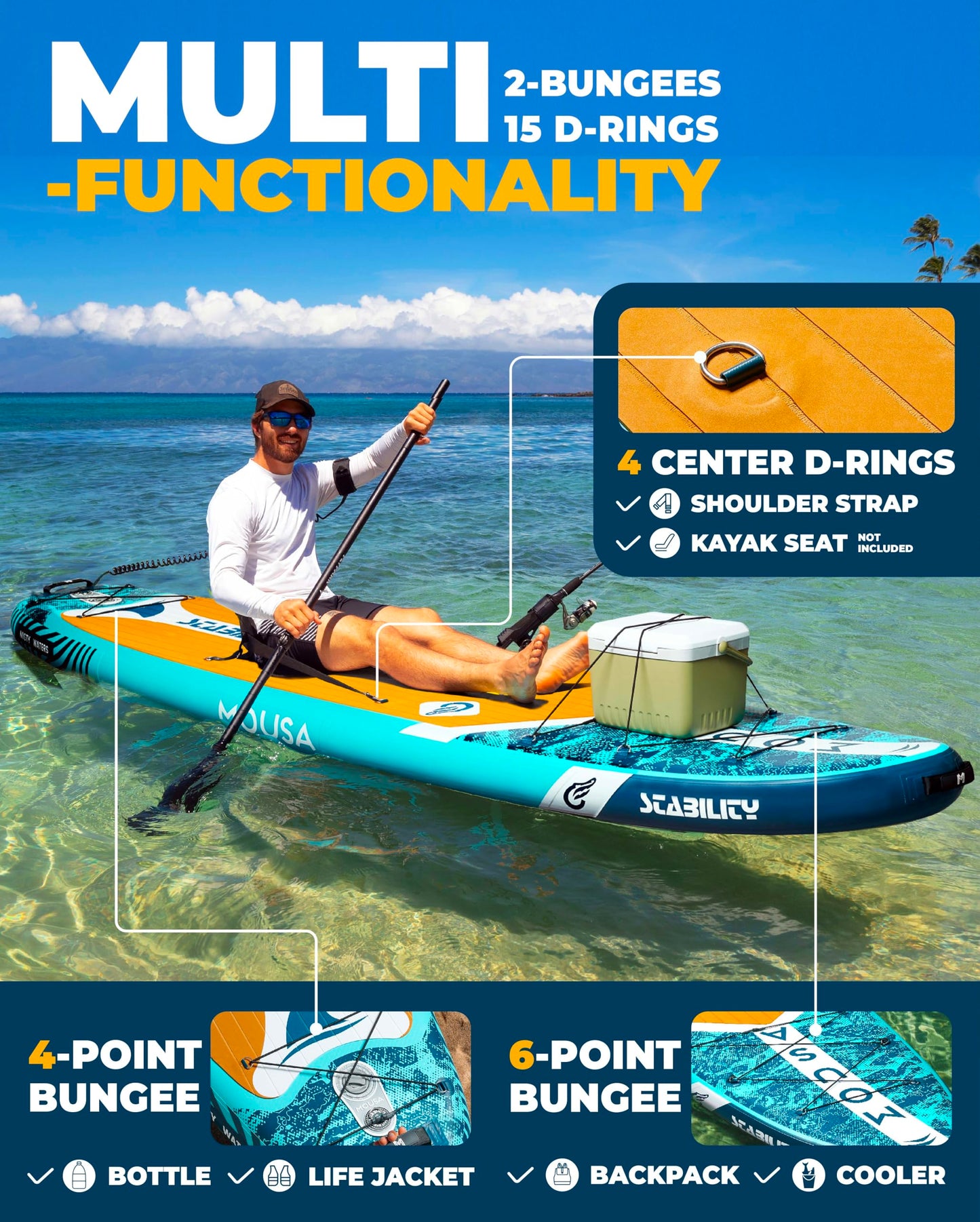 MOUSA 10‘8/11'×35" Extra Wide Inflatable Stand Up Paddle Board, Stable Paddleboard SUP for 2 People/Family, Anti-Slip Full EVA Deck, 3 Handles, 100L Backpack, All-Round Sup Board, Big Fin