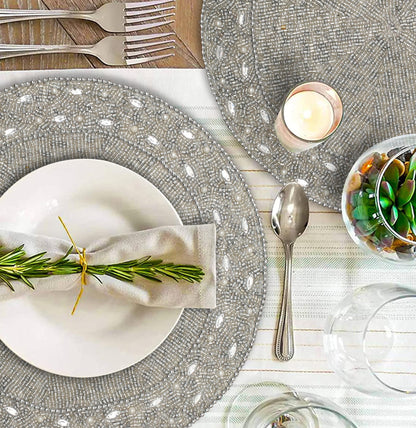 13" Round Beaded Placemat - Handcrafted Glass Beads in White Silver - Luxury Dining Table Decor, Wedding & Housewarming Gift, Holiday Use Pack of 1 by ALPHA Living HOME