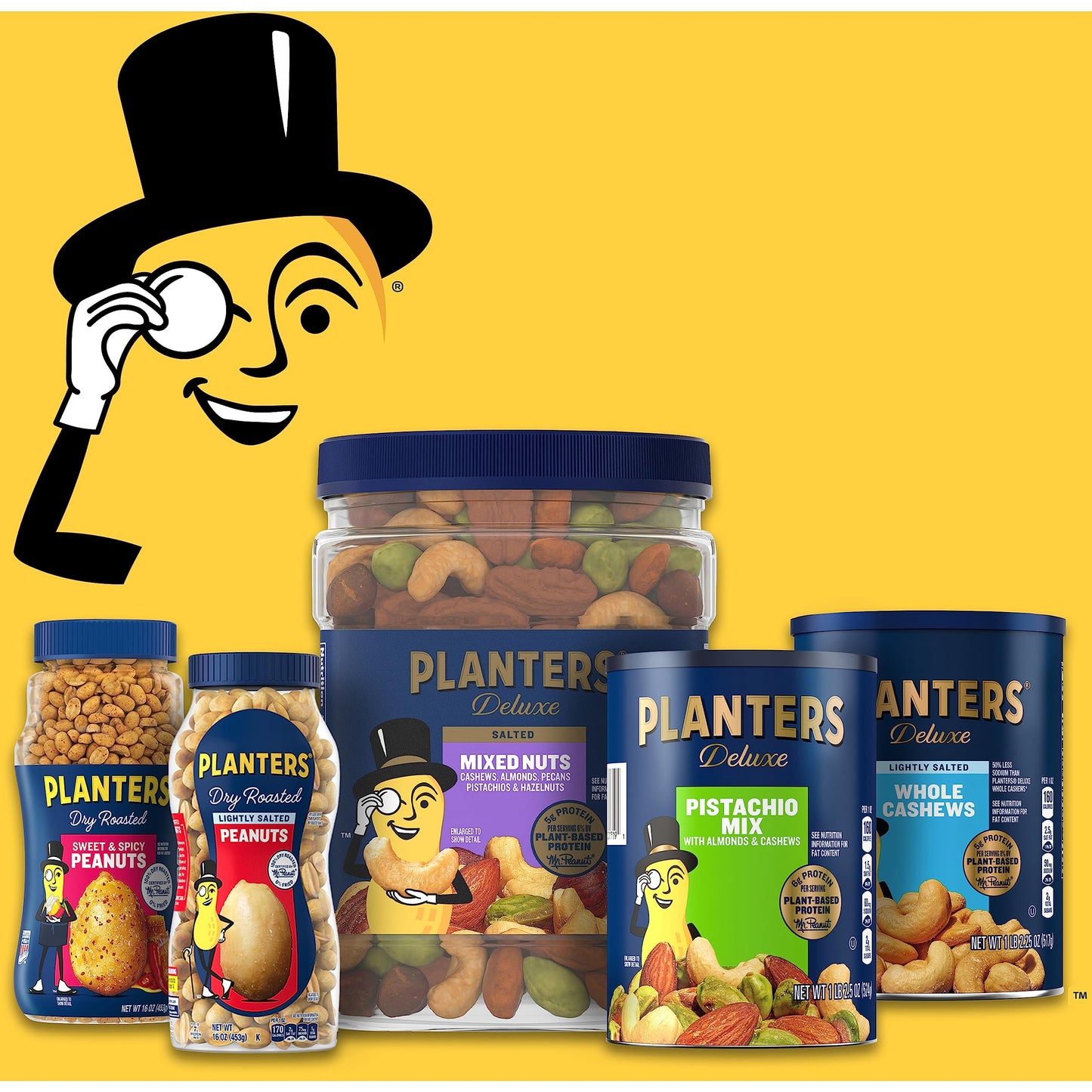 PLANTERS Deluxe Mixed Nuts, Cashews, Almonds, Pecans, Pistachios, Hazelnuts, Roasted with Sea Salt, Party Snacks, Plant-Based Protein Nut Mix, Snacks for Adults, After School Snack Mix, 27oz