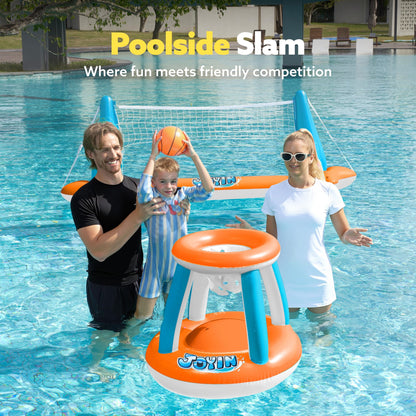JOYIN Inflatable Pool Float Set Volleyball Net & Basketball Hoops, Floating Swimming Game Toy for Kids and Adults, Summer Floaties, Volleyball Court (105”x28”x38”)|Basketball (27.6”x23”),L-Orange