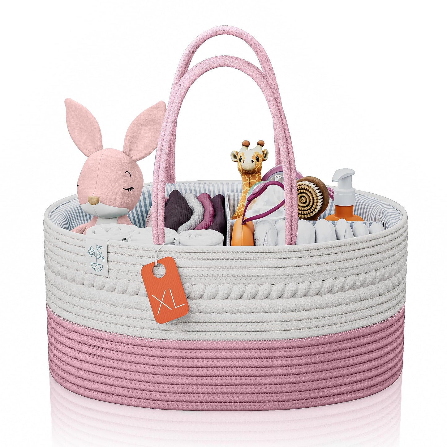 KiddyCare Woven Diaper Caddy Organizer, Large Gray Multi Functional Portable Baby Basket with Handle, Baby Gift for Boy/Girl Nursery Storage, Organization, and Modern Car Diaper Caddy Pink X-Large