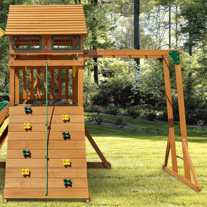 Gorilla Playsets 01-1069-Y Outing Wood Swing Set with Wood Roof and Monkey Bars - Yellow Slide, Amber