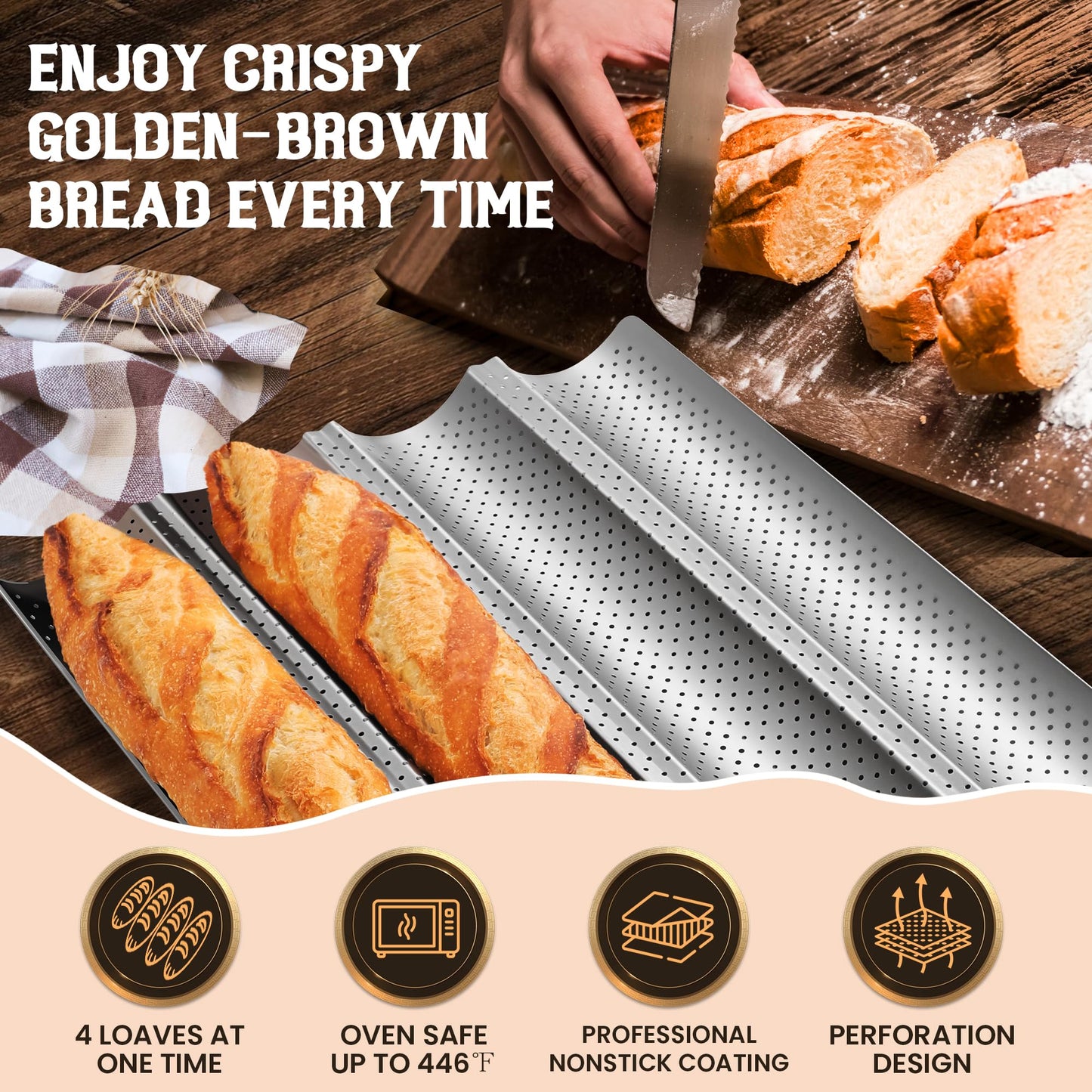 Pavsrmy Baguette Bread Pan, Premium Nonstick Perforated Baguette Pan for French Bread Baking, 4 Loaves Baguette Baking Tray for Sourdough, Italian Bread, Perfect for Creating Crisp Golden-Brown Crust