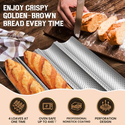 Pavsrmy Baguette Bread Pan, Premium Nonstick Perforated Baguette Pan for French Bread Baking, 4 Loaves Baguette Baking Tray for Sourdough, Italian Bread, Perfect for Creating Crisp Golden-Brown Crust