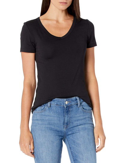 Amazon Essentials Women's Slim-Fit Short-Sleeve V-Neck T-Shirt, Pack of 2, Black/White, Medium