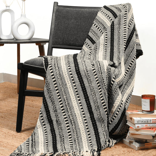 RAJRANG Boho Throw Blanket with Braided Striped - 50x60 Inches Luxury Woven Throws for Outdoor Indoor Sofa Chair Couch Home Decor - Black