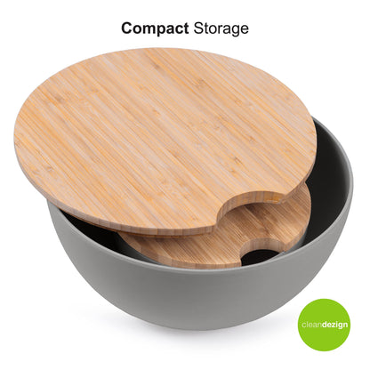11.5" Extra Large Salad and 8" Serving Bowl with Wooden Lid and Servers - Bamboo Fiber Wood Mixing Bowl Set with Utensils & Wooden Cutting Board Top for Fruits, Vegetable Salads, Pasta (8pc Set) Grey