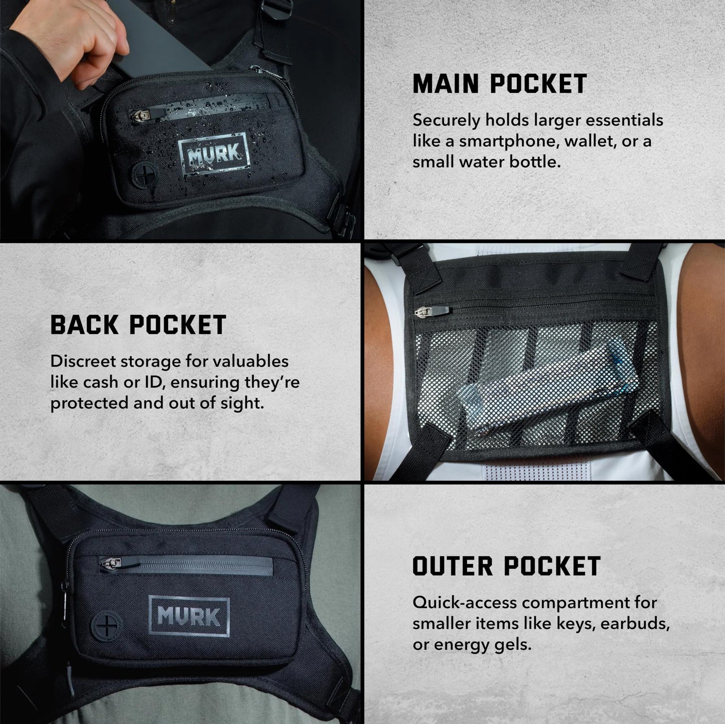 MVRK Water Resistant Chest Pack - Minimalist Running Pack For Workouts, Running Phone Holder With Extra Storage, Lightweight Running Vest, Running Backpack with Reflective Back (Black)